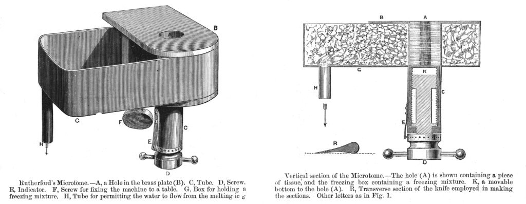 An engraved technical plate showing a nineteenth-century freezing microtome from two angles.